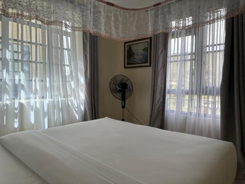 a bedroom with a white bed and two windows at Lakeview Apartments - The Nest in Mbita