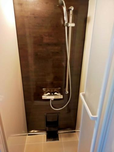 a shower stall in a bathroom with a shower at Madarao Mountain Lodge in Iiyama