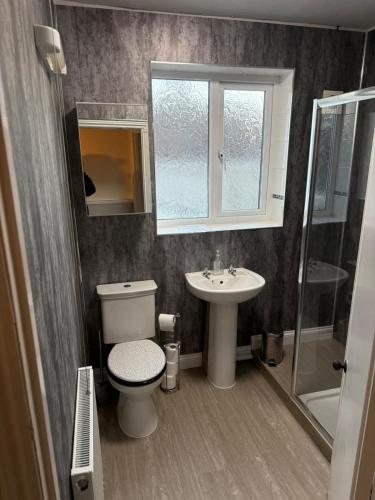 a bathroom with a toilet and a sink at 5BR townhouse Arnos Court Villa Bristol w parking in Bristol