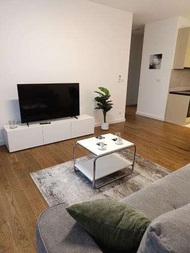 a living room with a tv and a couch and a table at Planet Green Residence in Niš