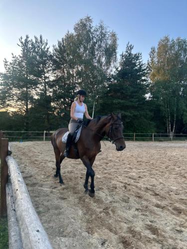 a woman is riding a horse in a field at Stajnia Bukwica konie i sauna in Narewka