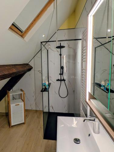 a bathroom with a glass shower and a sink at Duplex 3BR apartment near supermarkets & metro in Brussels