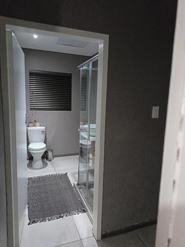een badkamer met een toilet en een glazen deur bij J & M Elegant escape 2 in Centurion