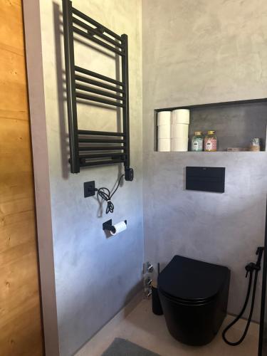 ein Bad mit einem schwarzen WC und einem Spiegel in der Unterkunft Exclusiva Cabaña en Incles - Vistas al Valle & Pistas de Ski Grandvalira - Free Parking in Canillo