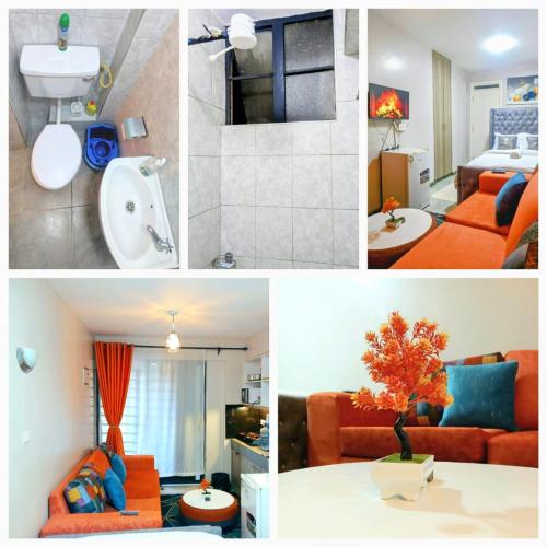 a collage of four pictures of a room at Tonystays, Tsavo in Nairobi