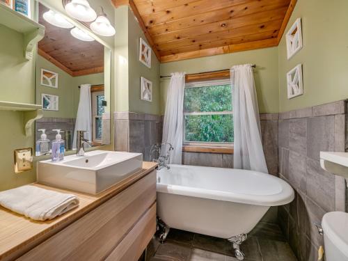 une salle de bain avec une grande baignoire et un lavabo dans l'établissement 1 bedroom with a loft and hot tub cabin 45 minutes to Asheville, à Marion