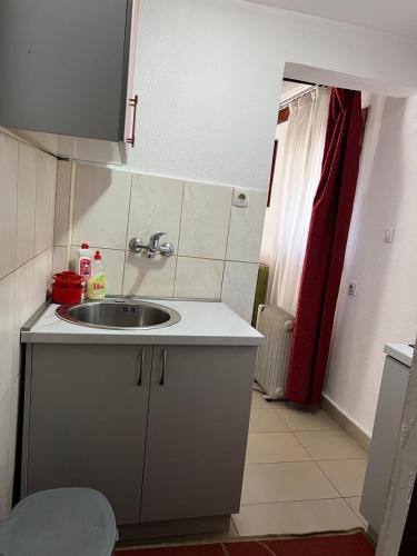 a kitchen with a sink and a red curtain at Apartment Enjoy in Kolašin