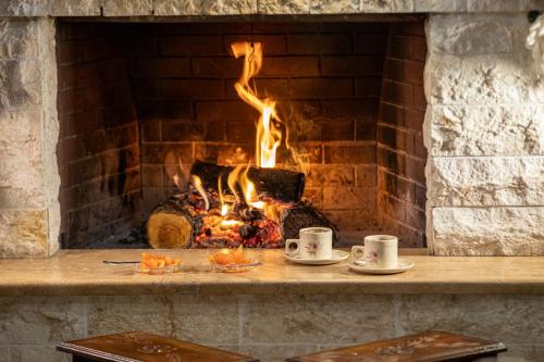 a fireplace with two cups of coffee in front of it at Mikros Paradisos Pelion in Áyios Vlásios