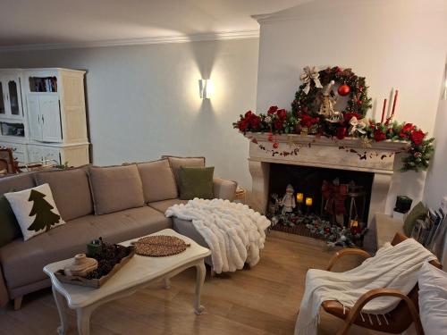 ein Wohnzimmer mit Couch und Kamin in der Unterkunft L'Orée des Champs in Magny-Fouchard