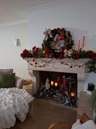 ein Wohnzimmer mit einem Kamin und einem Weihnachtsbaum in der Unterkunft L'Orée des Champs in Magny-Fouchard