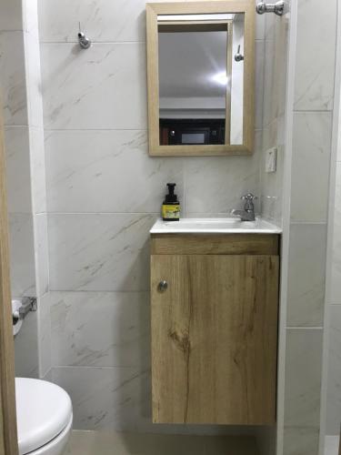 une salle de bain avec un lavabo et un miroir et des toilettes dans l'établissement "La casa de mi tia" Agradable, Acogedor, Tranquilo, à Envigado