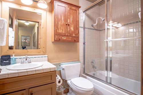 une salle de bain avec toilettes, lavabo et douche dans l'établissement Andora Alpine Retreat - 2BD in downtown Ketchum, à Ketchum