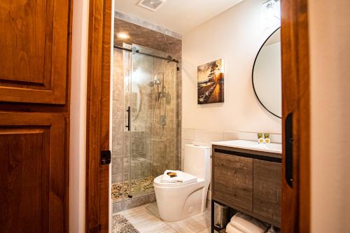 a bathroom with a shower and a toilet and a sink at Sun Valley Condo 123 in Ketchum