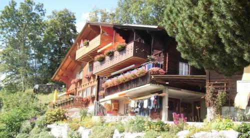 a building with potted plants on the balconies at Fewo Zenger Jossi in Hasliberg