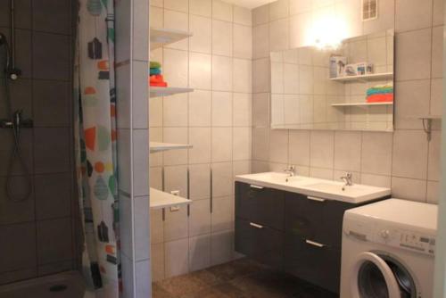 ein Badezimmer mit 2 Waschbecken und einer Waschmaschine in der Unterkunft Spacieux 4 pièces centre de mulhouse in Mulhouse