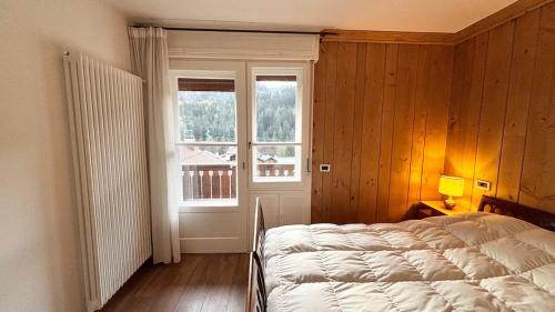ein Schlafzimmer mit einem Bett und einem Fenster in der Unterkunft Appartamento panoramico al 2 Piano in San Vito di Cadore