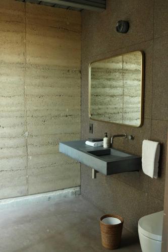 a bathroom with a sink and a mirror at Cardinal Cabin at Gamenthaler in Fredericksburg