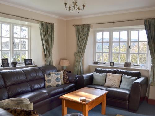 a living room with a leather couch and two windows at Breasty Haw in Grizedale