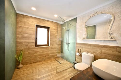 a bathroom with a toilet and a sink and a mirror at Stella Guesthouse in Arbanasi