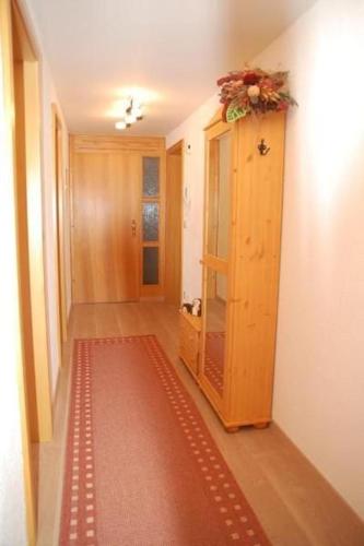 - un couloir avec un tapis rouge au sol dans l'établissement Waldstübchen, à Brotterode