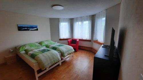 Un dormitorio con una cama, un televisor y una silla. en Angenweg 2, en Entlebuch