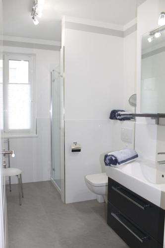 a white bathroom with a toilet and a shower at Ferienwohnung Möwennest in Göhren
