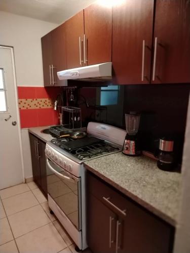 a kitchen with wooden cabinets and a stove top oven at Bonaterra in El Jobo