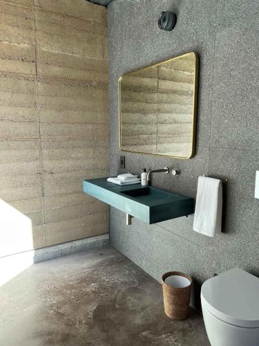a bathroom with a sink and a mirror on the wall at Roadrunner Cabin at Gamenthaler in Fredericksburg
