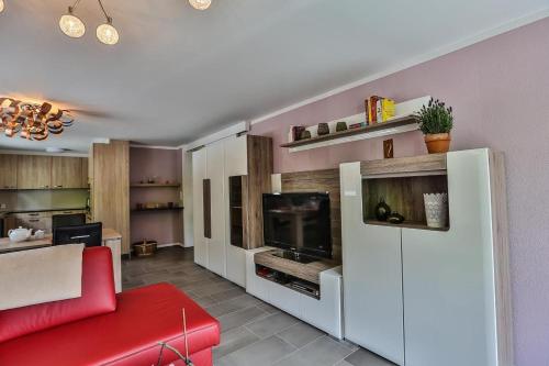 uma sala de estar com um sofá vermelho e uma TV em Weiherhof em Wildhaus