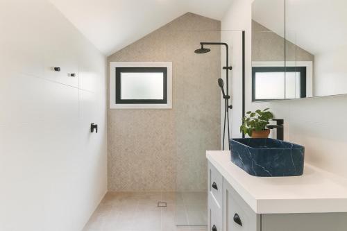 a bathroom with a shower and a blue sink at Peaceful Homestead Getaway - BBQ, Backyard & Farm Life in Toronto
