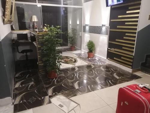 a lobby with a floor with plants on it at Belys inn in Cusco