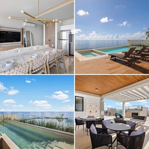 a collage of photos of a house with a pool at Oceanfront Luxury 2BR apartment in Puerto Morelos in Puerto Morelos