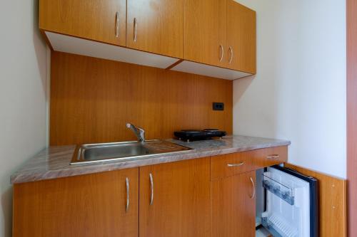 a kitchen with wooden cabinets and a sink and a microwave at Villa Bulevar in Belgrade