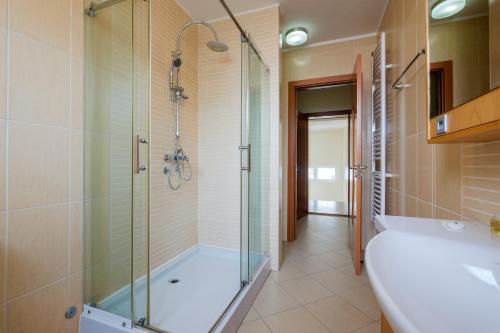 a bathroom with a shower and a tub and a sink at Villa Bulevar in Belgrade