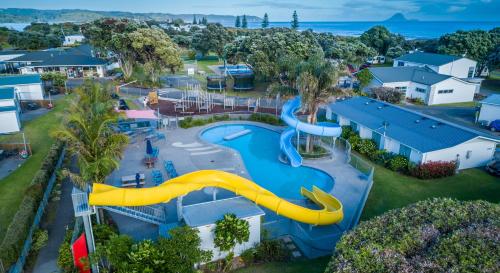 an aerial view of a water park at Ōhope Beach TOP 10 Holiday Park in Ohope Beach