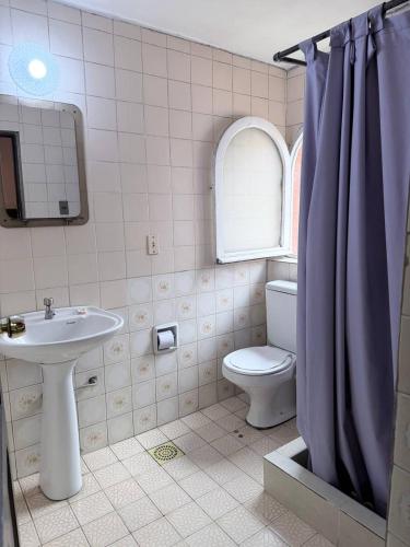 a bathroom with a sink and a toilet and a shower curtain at Hostal Tambo de Oro in La Paz