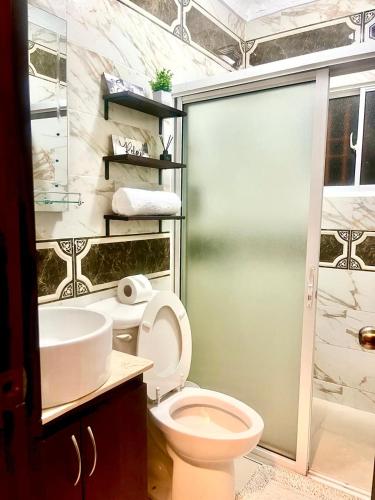 a bathroom with a toilet and a sink and a shower at Beautiful and confortable apt in Puerto Plata