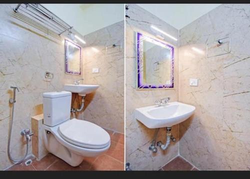 two pictures of a bathroom with a toilet and a sink at Nestup Stay for Boys in New Town