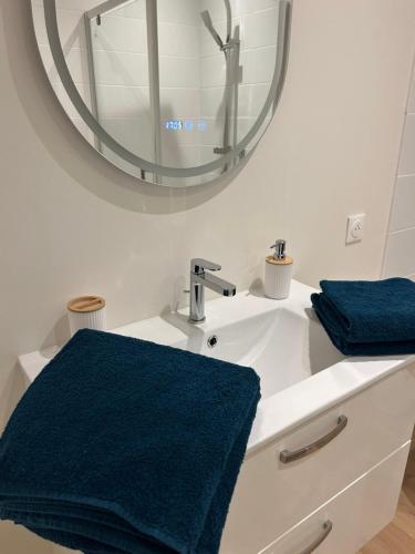 a bathroom with a white sink with a large mirror at Chambre d hôtes les 2 vallées in Courgis