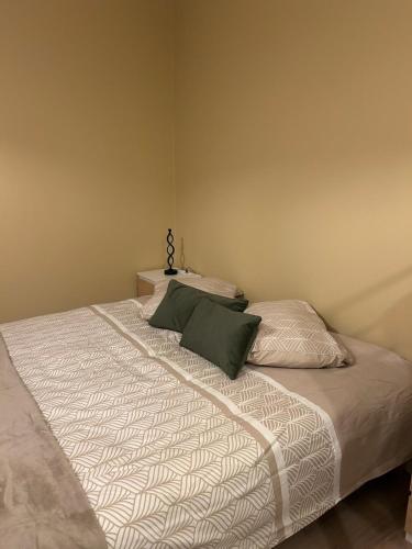 a bedroom with a bed with two pillows on it at Chambre d hôtes les 2 vallées in Courgis