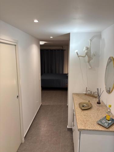 une salle de bain avec un lavabo et un miroir au mur dans l'établissement Studio Harmony with pool, à Baie Nettlé