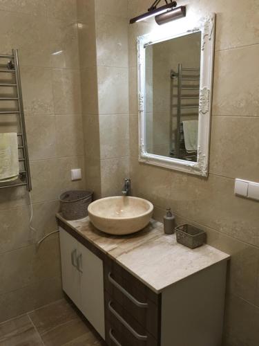 W łazience znajduje się umywalka i lustro. w obiekcie Purple Amber w mieście Juodkrantė