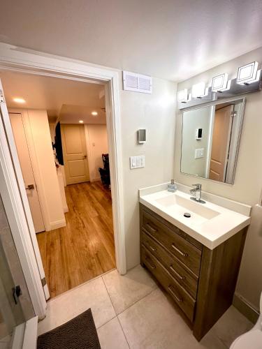 a bathroom with a sink and a mirror at Pvt Studio Near Waterloo Airport & Minutes to Downtown Basement unit in Kitchener