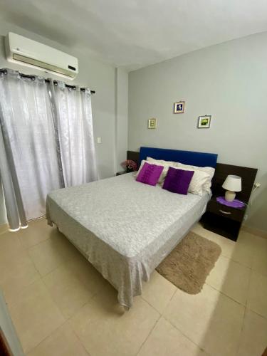 a bedroom with a large bed with purple pillows at ACOGEDOR DEPARTAMENTO para 4 personas in San Lorenzo