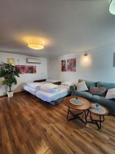 a living room with two beds and a couch at צימר חן בחד נס in Had Nes