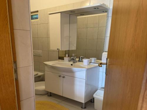 a bathroom with a sink and a mirror and a toilet at Apartments Magdalena - Bungalow with terrace A1 in Bol