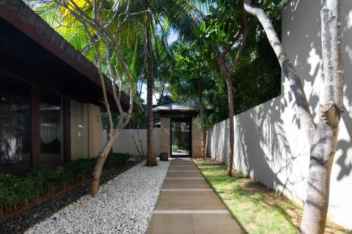 陵水花筑奢-君临海逸别墅的棕榈树建筑旁的走道