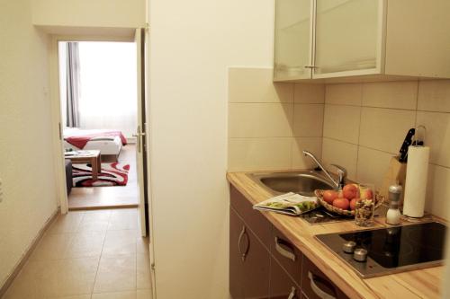 eine Küche mit einem Waschbecken und einer Schale mit Obst auf der Theke in der Unterkunft Apartment Inzersdorferstraße in Wien