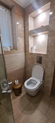 Un baño con inodoro y ducha de cristal. en Modern and Old Base, en Sofía