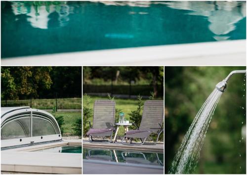 DrégelypalánkHont Vendégház的一张由四张泳池和喷泉照片组成的拼贴画。